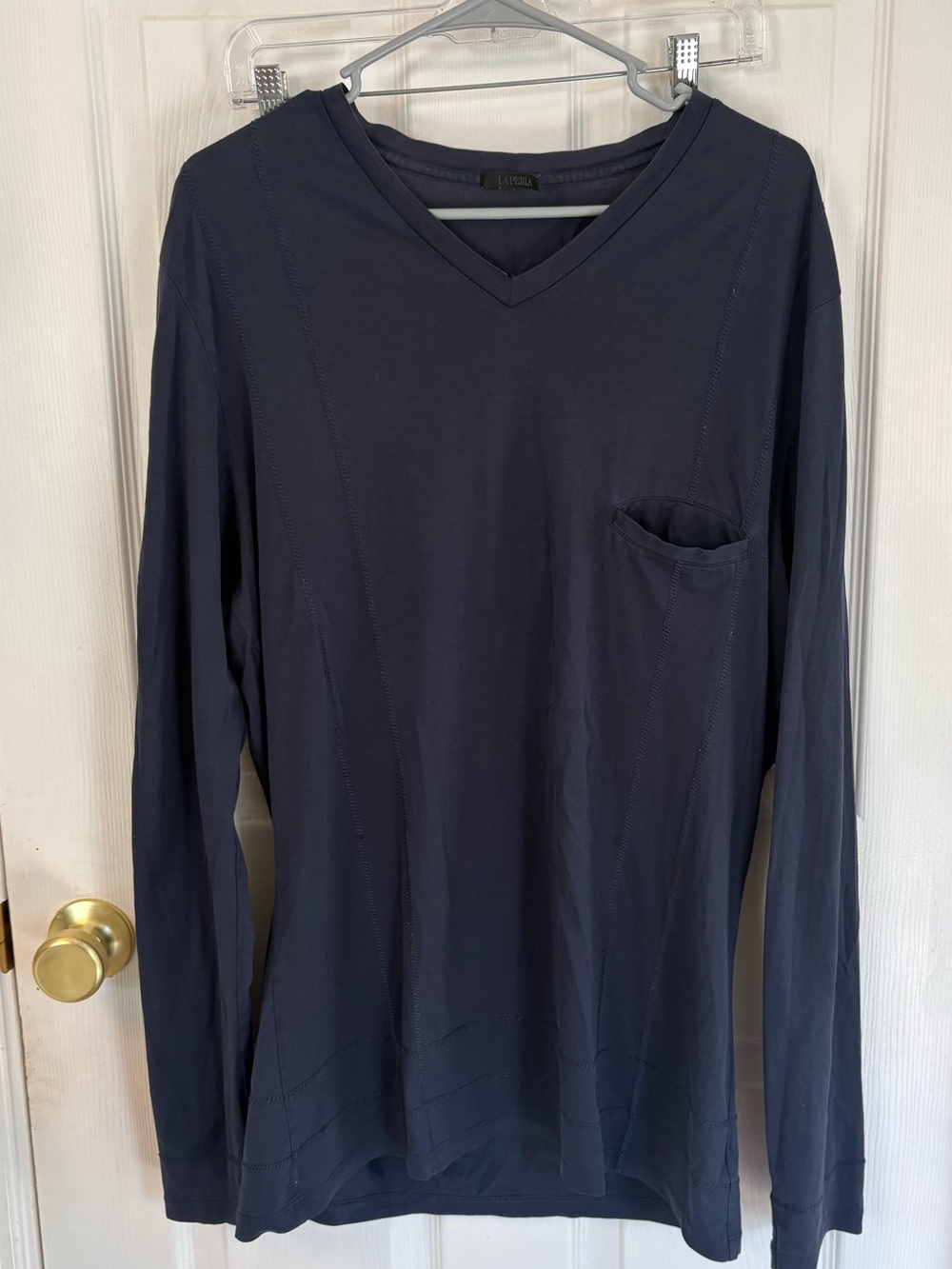 La Perla Dark Navy V-Neck Long Sleeve Top with Pocket